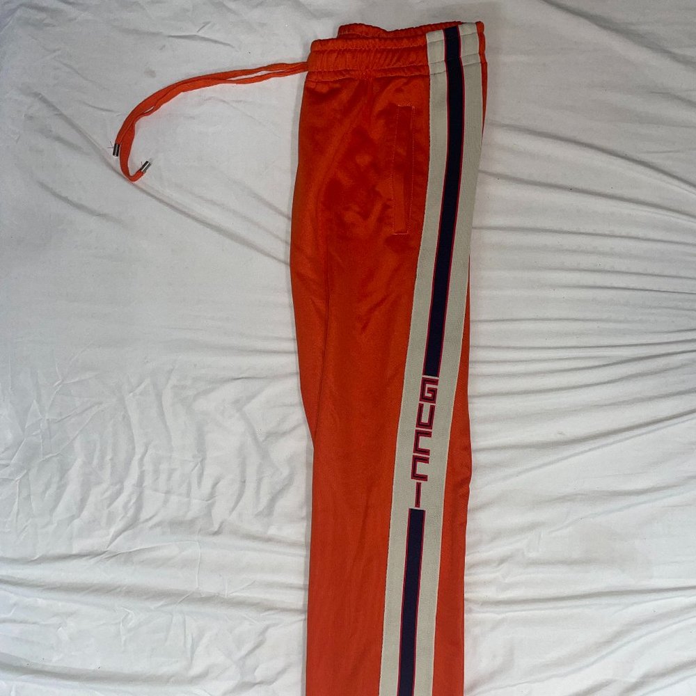Gucci Orange Track Pants With Blue Webbing